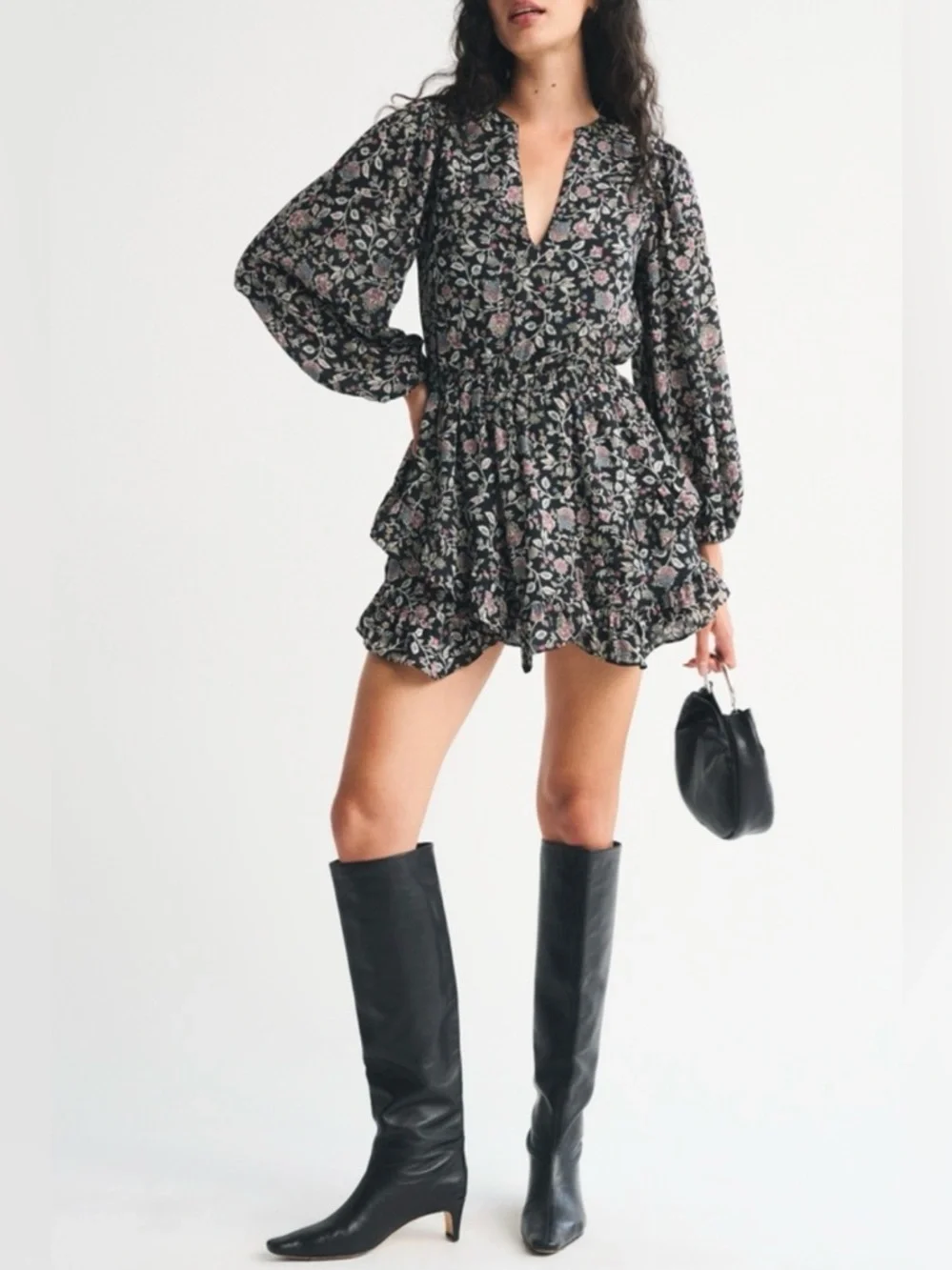 NWT Abercrombie & Fitch Long-Sleeve L whimsigoth Ruffle Mini Dress Black Floral - Picture 2 of 13